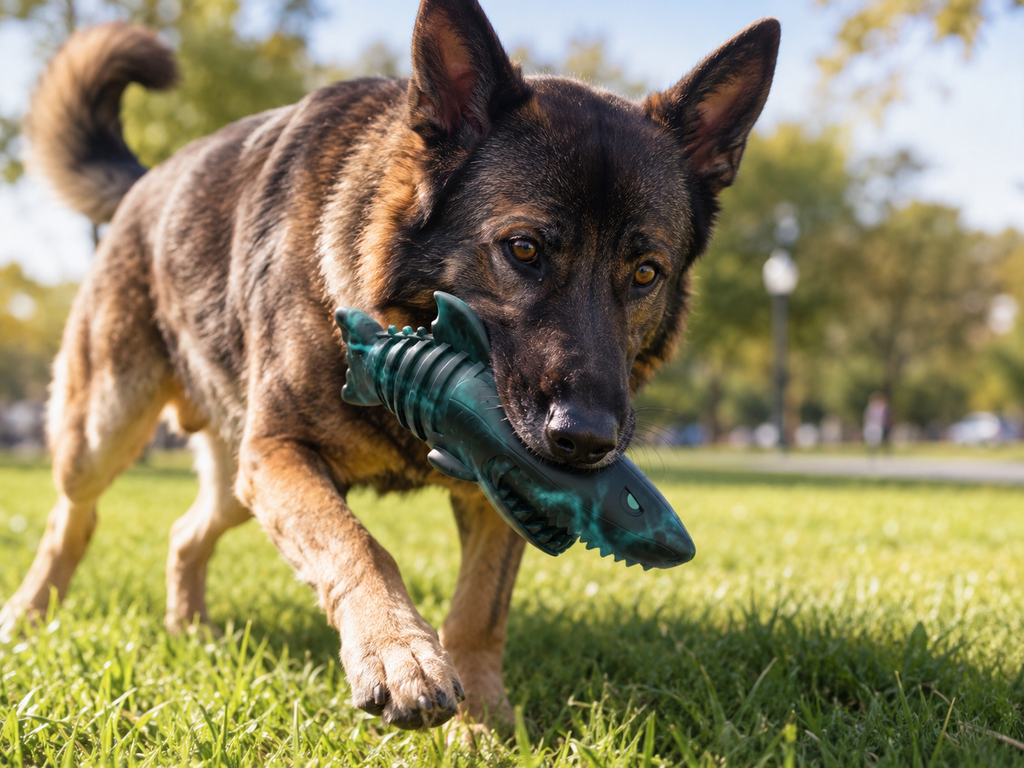 Shark shaped dog chew toy for medium to large dogs
