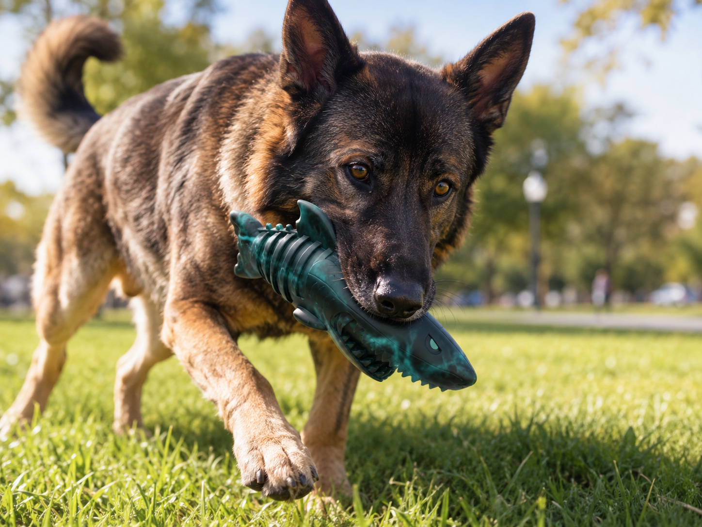 Shark shaped dog chew toy for medium to large dogs
